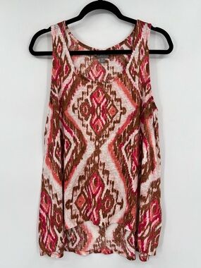 J. Jill 100% Linen Aztec Print Tank Top Sleeveless Scoop Neck Pink Brown Medium